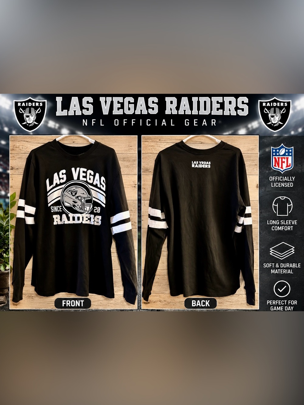 NFL Las Vegas Raiders Black Long Sleeve Tee with White Stripes